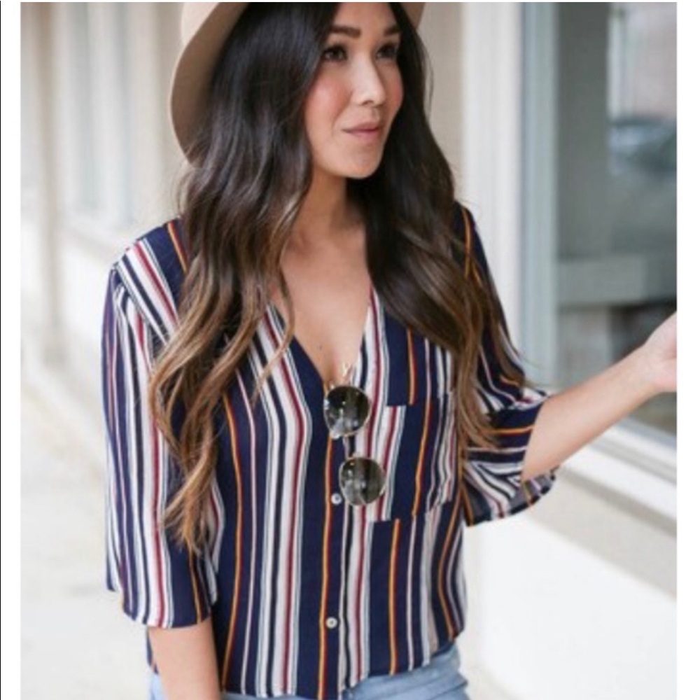 Multi-colored Striped Button Down Short Sleeve Blouse